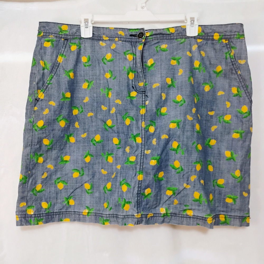 Karen Scott Womens 18 Lemon Print Denim Skort Skirt Blue Yellow G